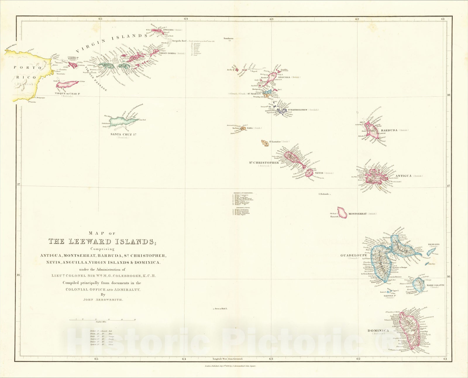 Historic Map : Map of The Leeward Islands; Comprising Antigua, Montserrat, Barbuda, St. Christopher, Nevis, Anguilla, Virgin Islands & Dominica, 1839, v2, Vintage Wall Art