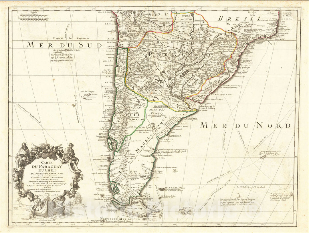 Historic Map : Carte du Paraguay du Chili du Detroit De Magellan andc., 1703, 1703, , Vintage Wall Art