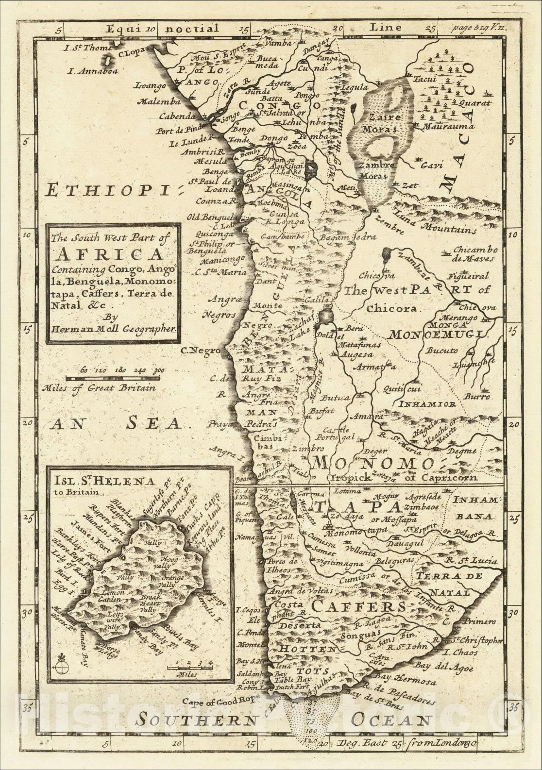 Historic Map : The South West Part of Africa Containing Congo, Angola, Benguel, Monomotapa, Caffers, Terrra de Natal &c., 1729, Herman Moll, Vintage Wall Art