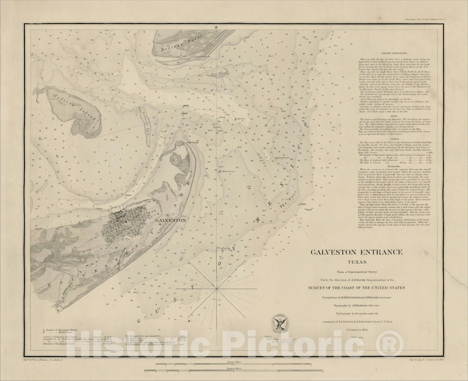 Historic Map : Galveston Entrance Texas From a Trigonometrical Survey Under the Direction of A.D. Bache, 1853, , Vintage Wall Art