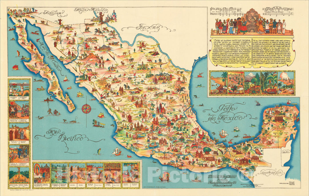 Historic Map : Pictorial Map of Mexico, 1950, Fischgrund Publishing Company, Vintage Wall Art