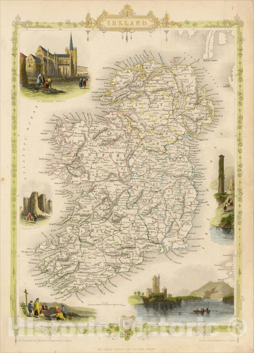 Historic Map : Ireland, 1851, John Tallis, v5, Vintage Wall Art