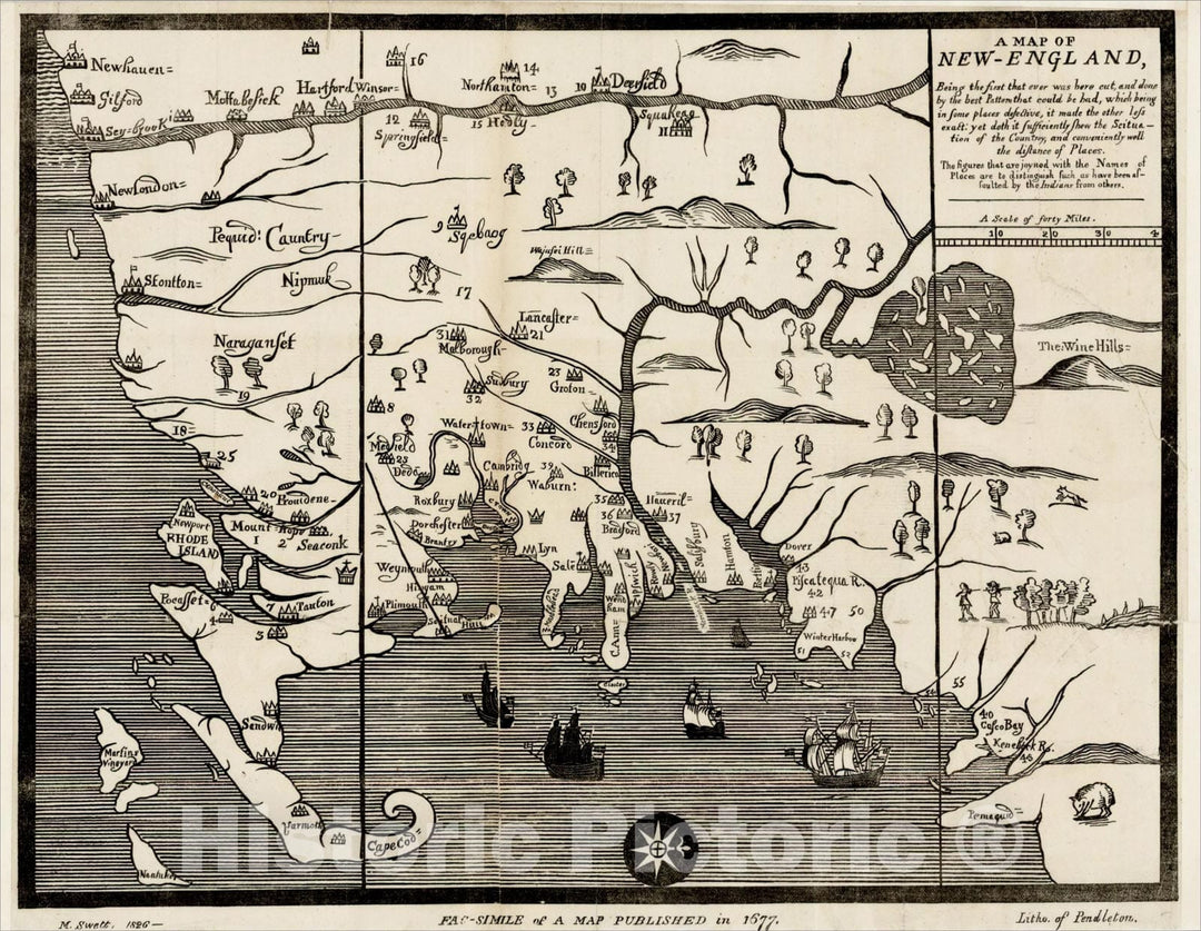 Historic Map : A Map of New-England, 1677, , Vintage Wall Art