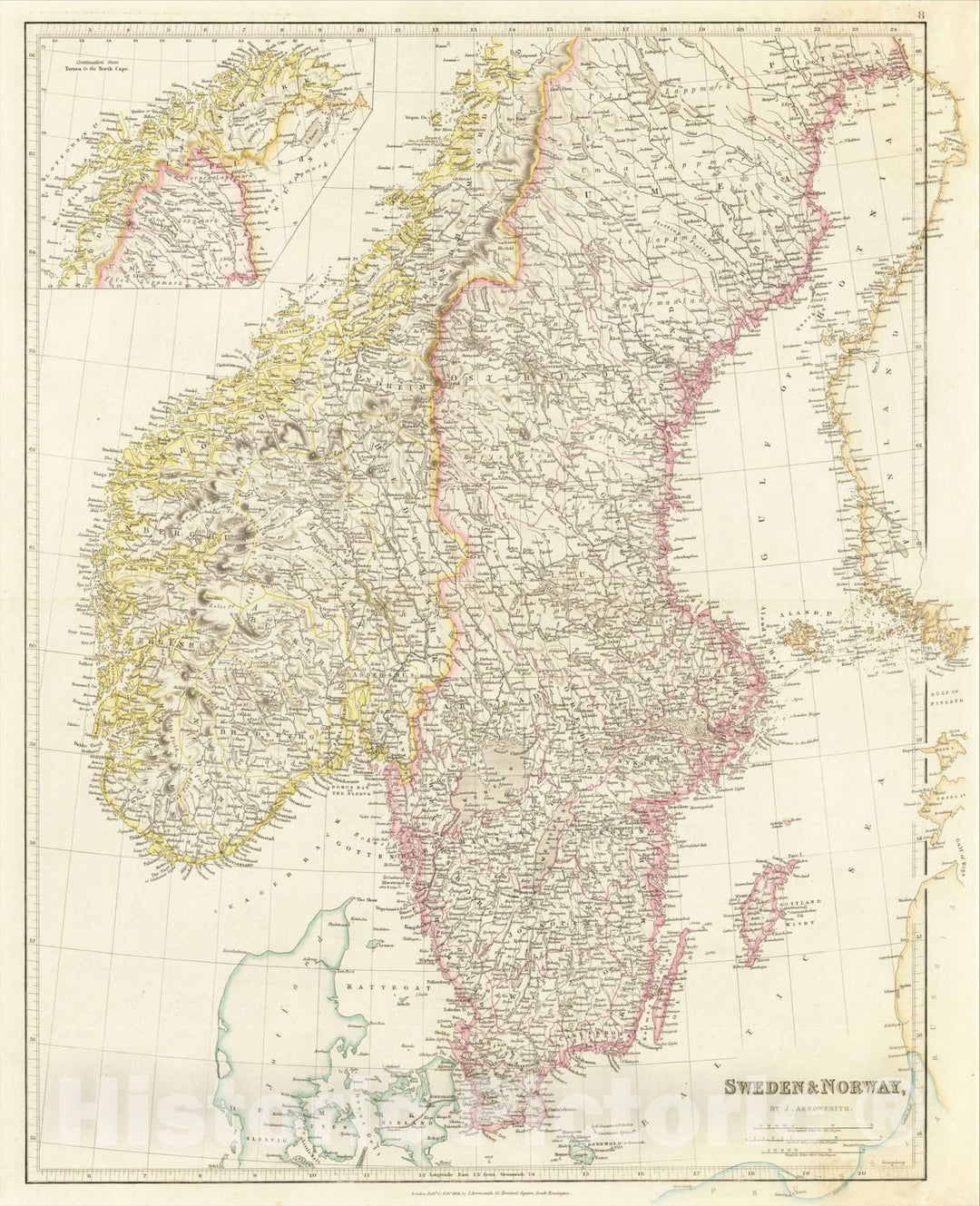 Historic Map : Sweden & Norway, 1858, John Arrowsmith, Vintage Wall Art