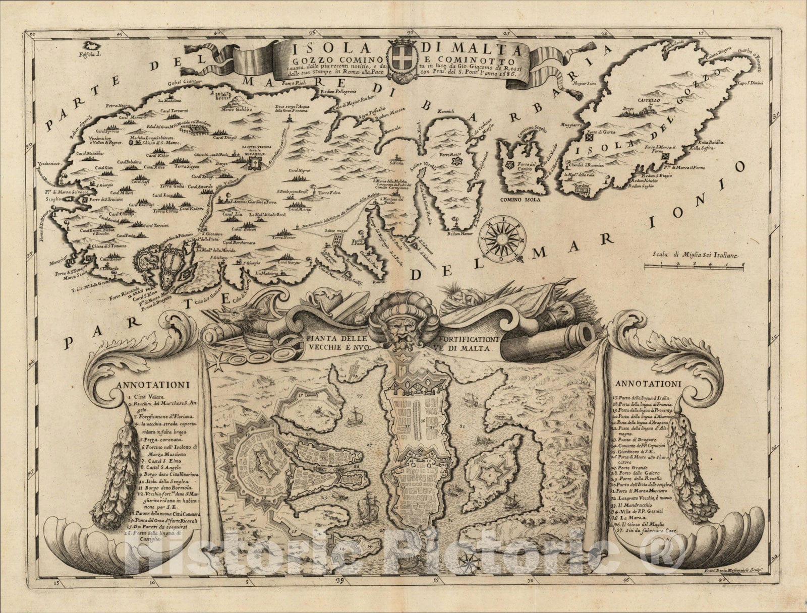 Historic Map : Isola Di Malta Gozzo Comino E Cominotto cauata dalle piu recenti notitie, 1686, 1686, , Vintage Wall Art