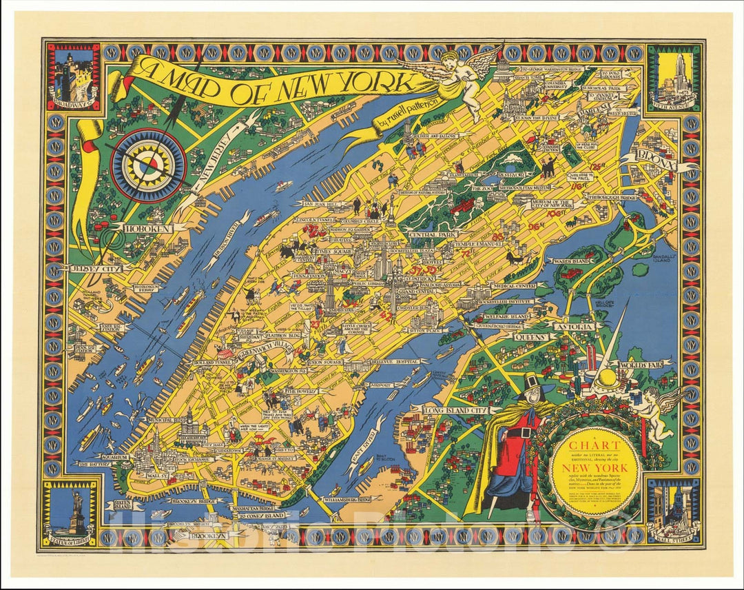 Historic Map : Chart neither too Literal nor too Emotional, shewing the city New York replete with the wondrous Spectacles, Mysteries, and Pastimes, 1939, Vintage Wall Art