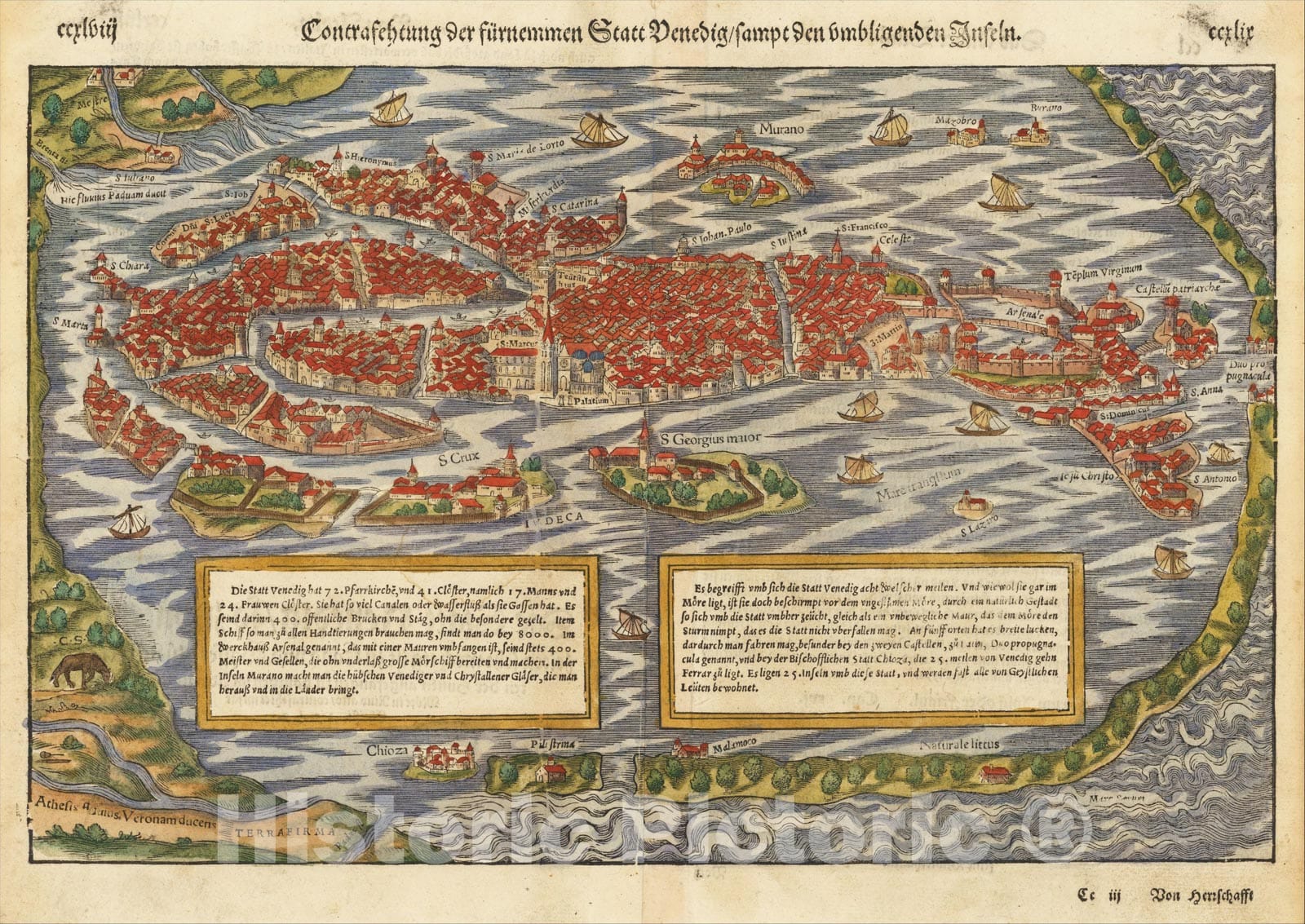 Historic Map : [Venice] Contraschtung der f?rnemen Statt Venedig, sammt den umliigneden Inseln, c1550, Sebastian M?nster, Vintage Wall Art