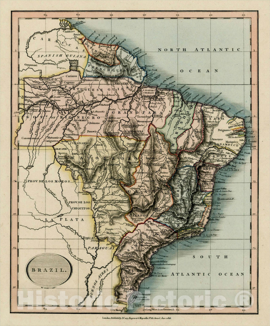 Historic Map : Brazil, 1806, John Cary, Vintage Wall Art