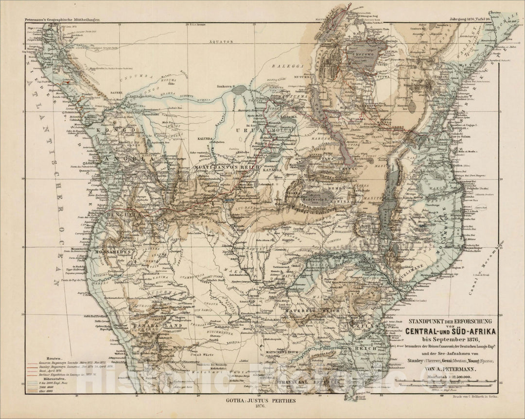 Historic Map : Central and South Africa, showing the German Loango expedition, 1876, Augustus Herman Petermann, Vintage Wall Art