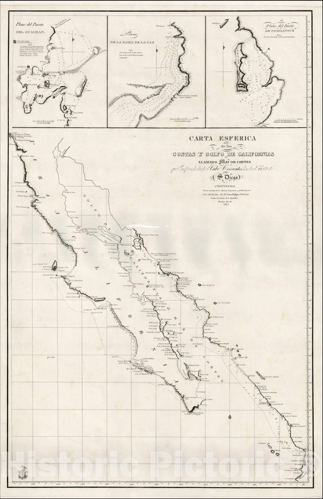 Historic Map : Carta Esferica de las Costas y Golfo De Californias Llamado Mar De Cortes, Mexico City, Aaron Arrowsmith, v2, Vintage Wall Art