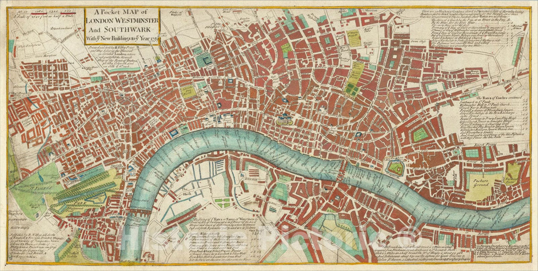 Historic Map : A Pocket Map of London Westminster and Southwark With ye New Buildings to ye Year 1759., 1759, Robert Withy, Vintage Wall Art