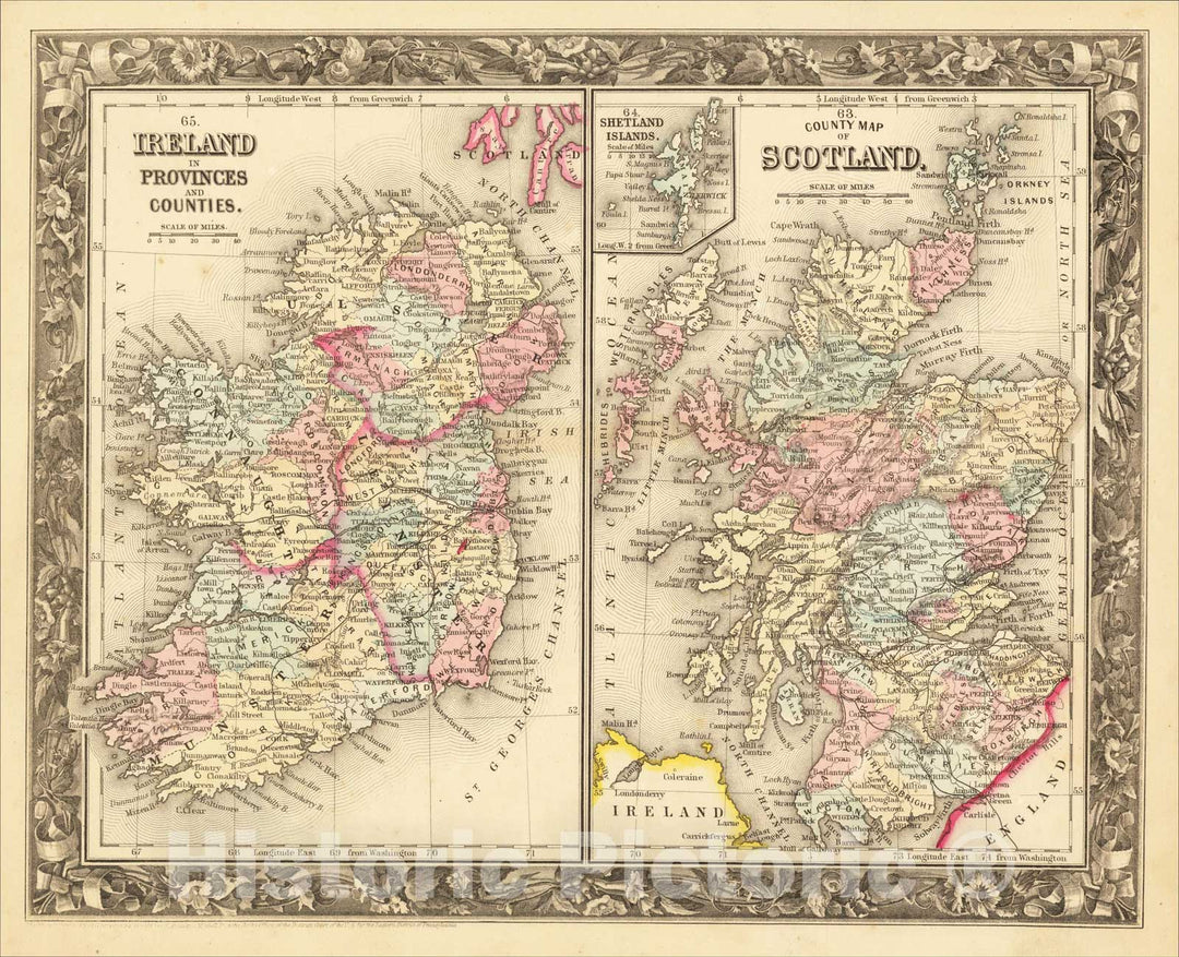 Historic Map : Ireland in Provinces and Counties with County Map of Scotland, 1861, Samuel Augustus Mitchell Jr., Vintage Wall Art