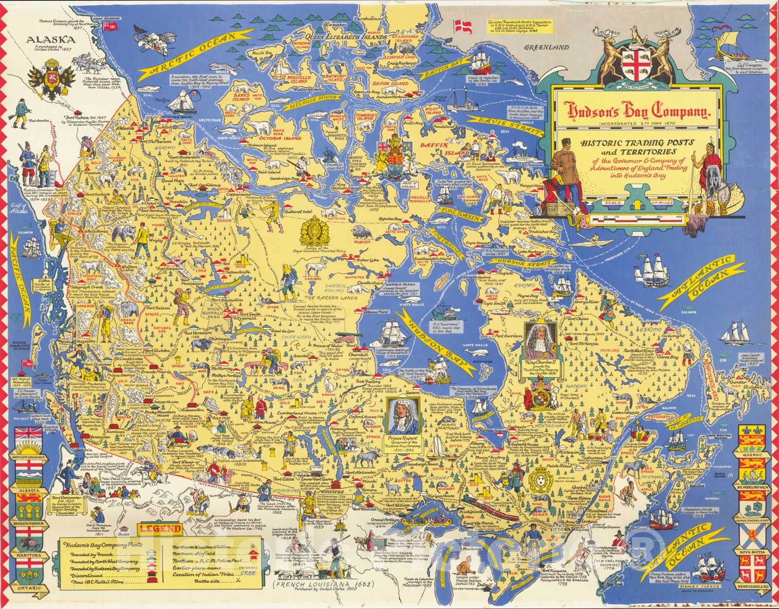 Historic Map : Historic Trading Posts and Territories of the Governor & Company of Adventurers of England Trading into Hudson's Bay, c1947, Stanley Turner, Vintage Wall Art