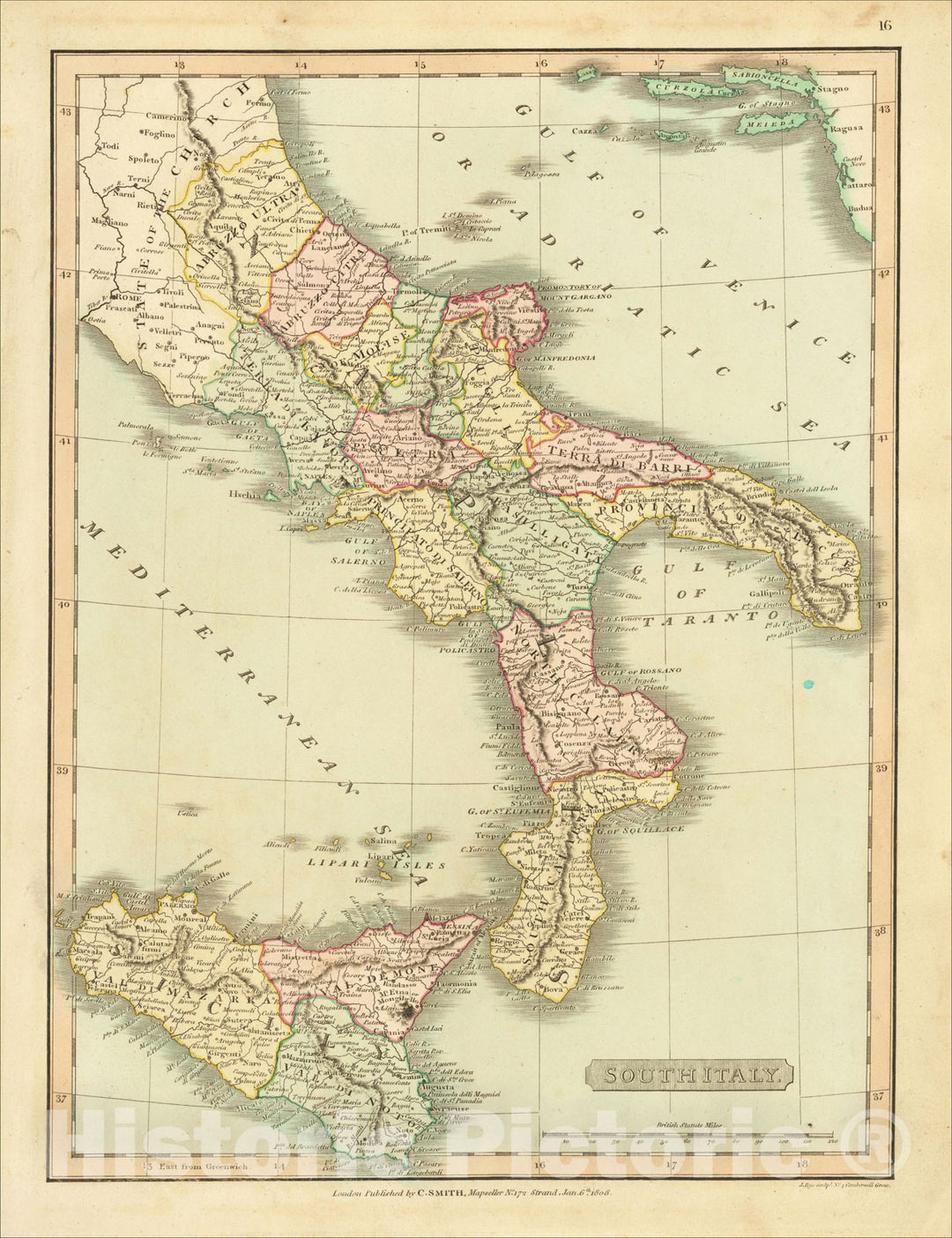 Historic Map : South Italy [Large Sicily], 1809, Charles Smith, Vintage Wall Art