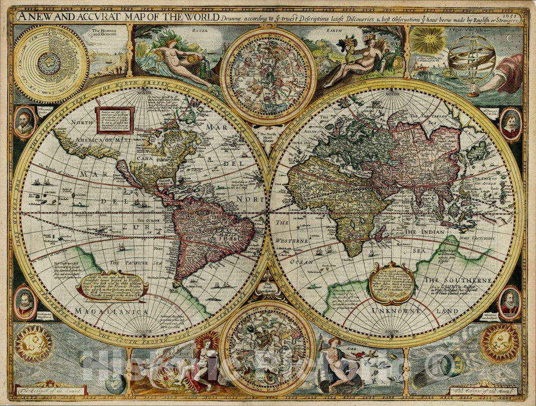 Historic Map : A New and Accurate Map of the World, 1651, John Speed, v2, Vintage Wall Art