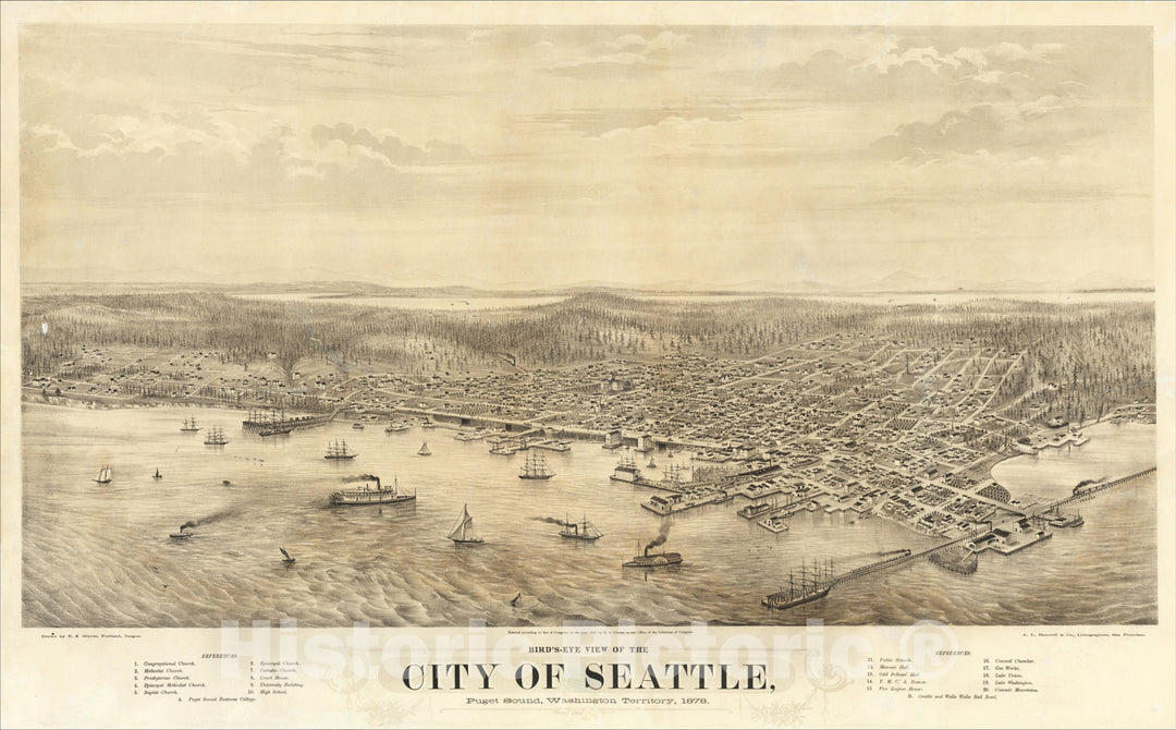 Historic Map : Bird's-Eye View Of The City of Seattle, Puget Sound, Washington Territory, 1878, 1878, Eli Sheldon Glover, v2, Vintage Wall Art