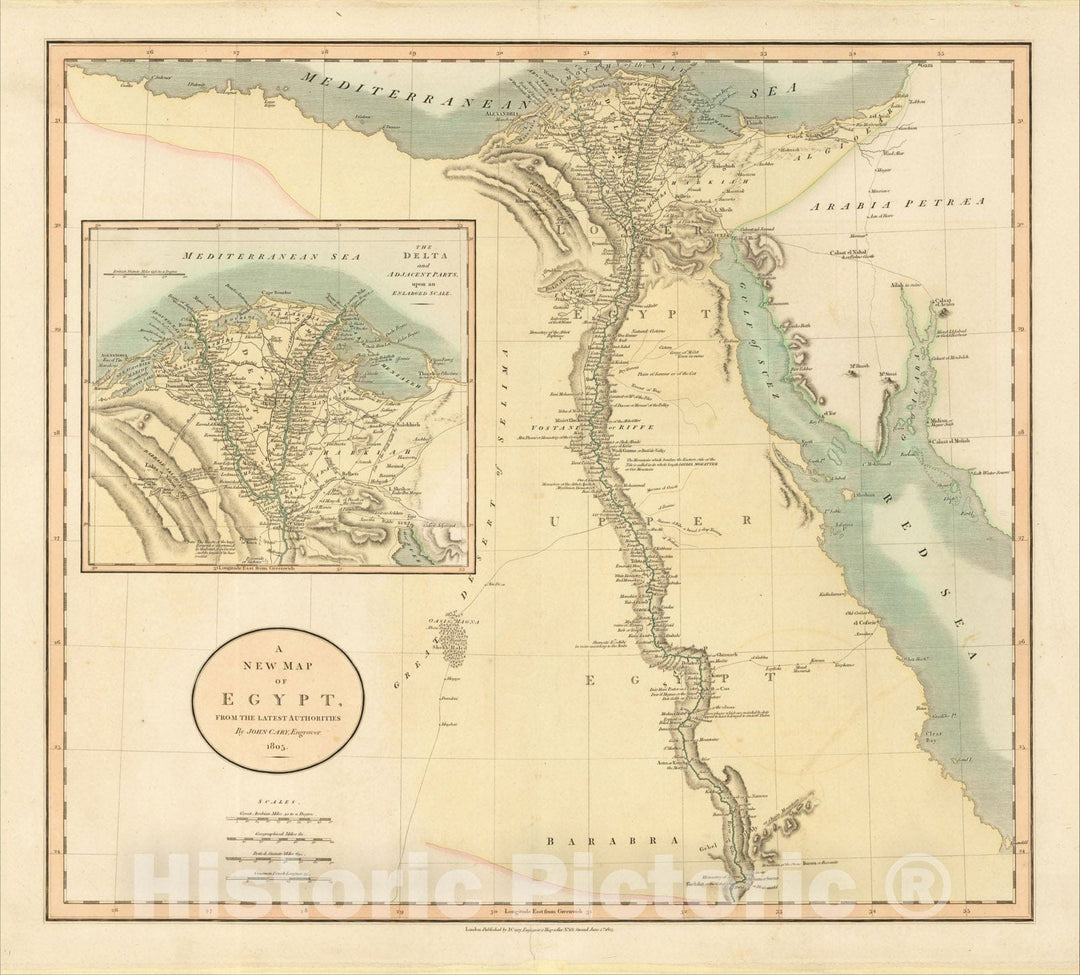 Historic Map : A New Map of Egypt, From the Latest Authorities, 185, 1805, John Cary, Vintage Wall Art