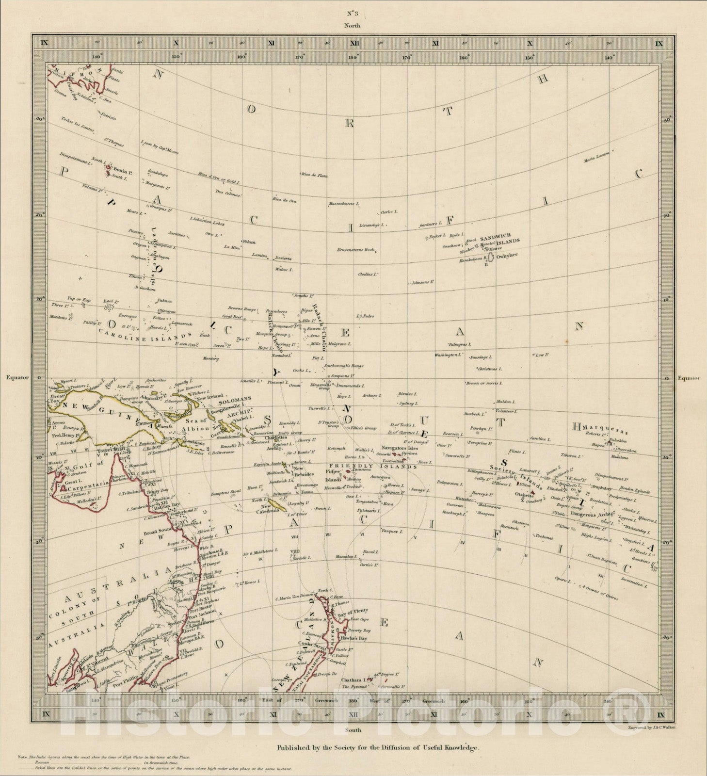 Historic Map : [Untitled Map of Hawaii, New Zealand, Australia & the South Pacific], 1833, SDUK, Vintage Wall Art