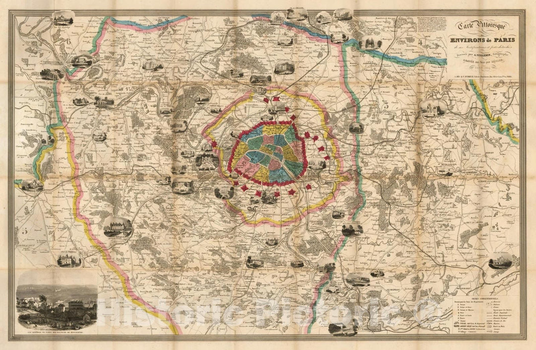 Historic Map : Carte Pittoresque Des Environs de Paris de ses Fortifications et forts detaches, 1864, 1843, , Vintage Wall Art