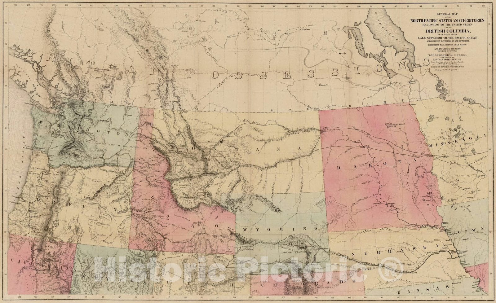 Historic Map : North Pacific States and Territories Extending from Lake Superior to the Pacific Ocean, 1865, Vintage Wall Art