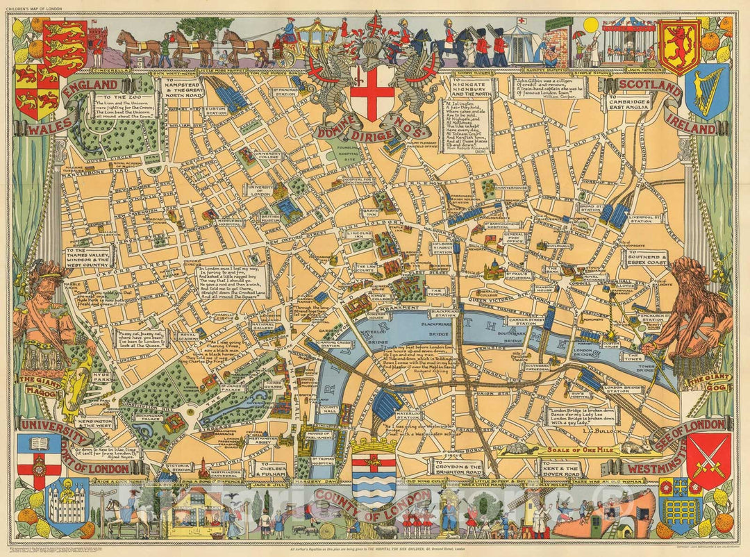 Historic Map : County of London (Children's Map of London), c1955, John Bartholomew, Vintage Wall Art