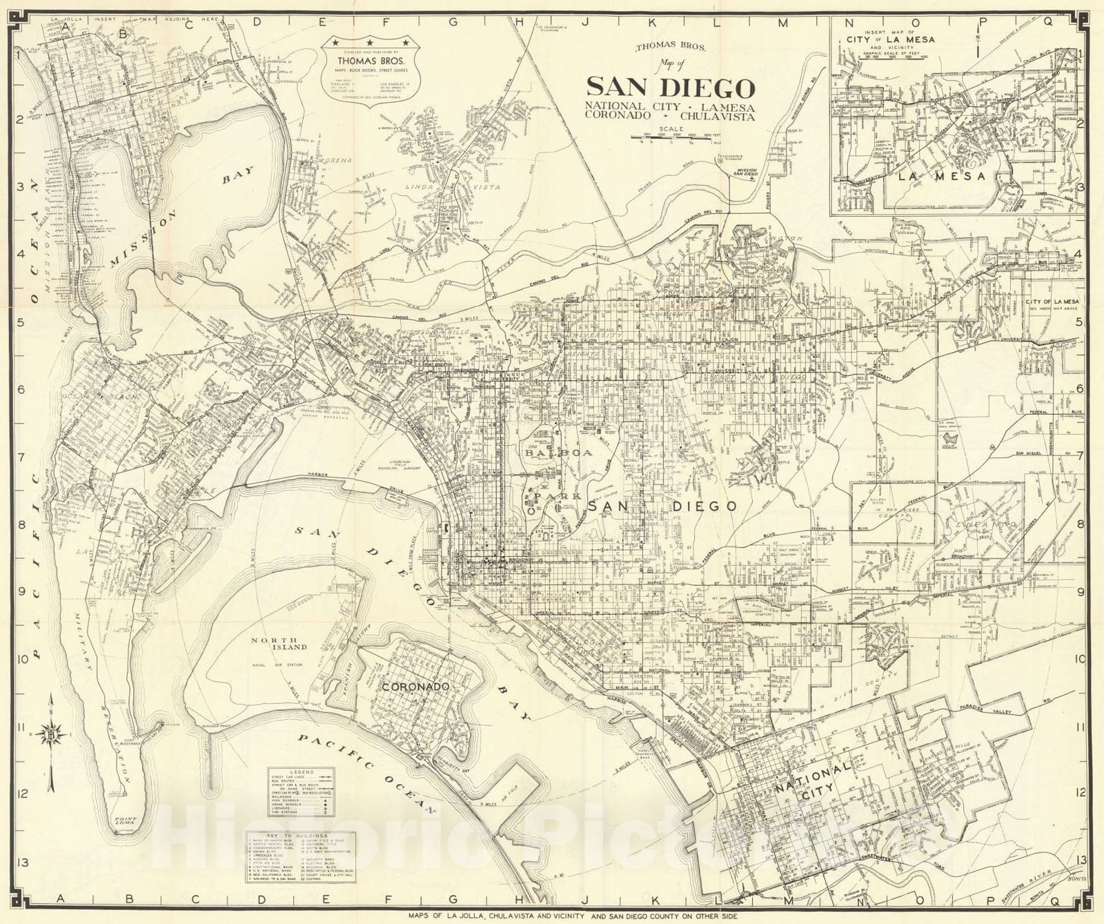 Historic Map : Thomas Bros. Map of San Diego National City La Mesa Coronado Chula Vista, c1930, Thomas Brothers, Vintage Wall Art