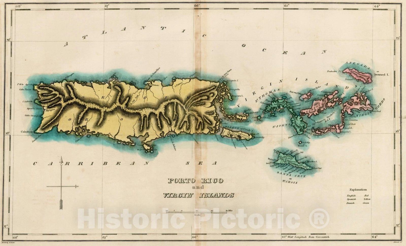 Historic Map : Geographical, Statistical and Historical Map of Porto Rico and the Virgin Islands, 1823, Henry Charles Carey, Vintage Wall Art