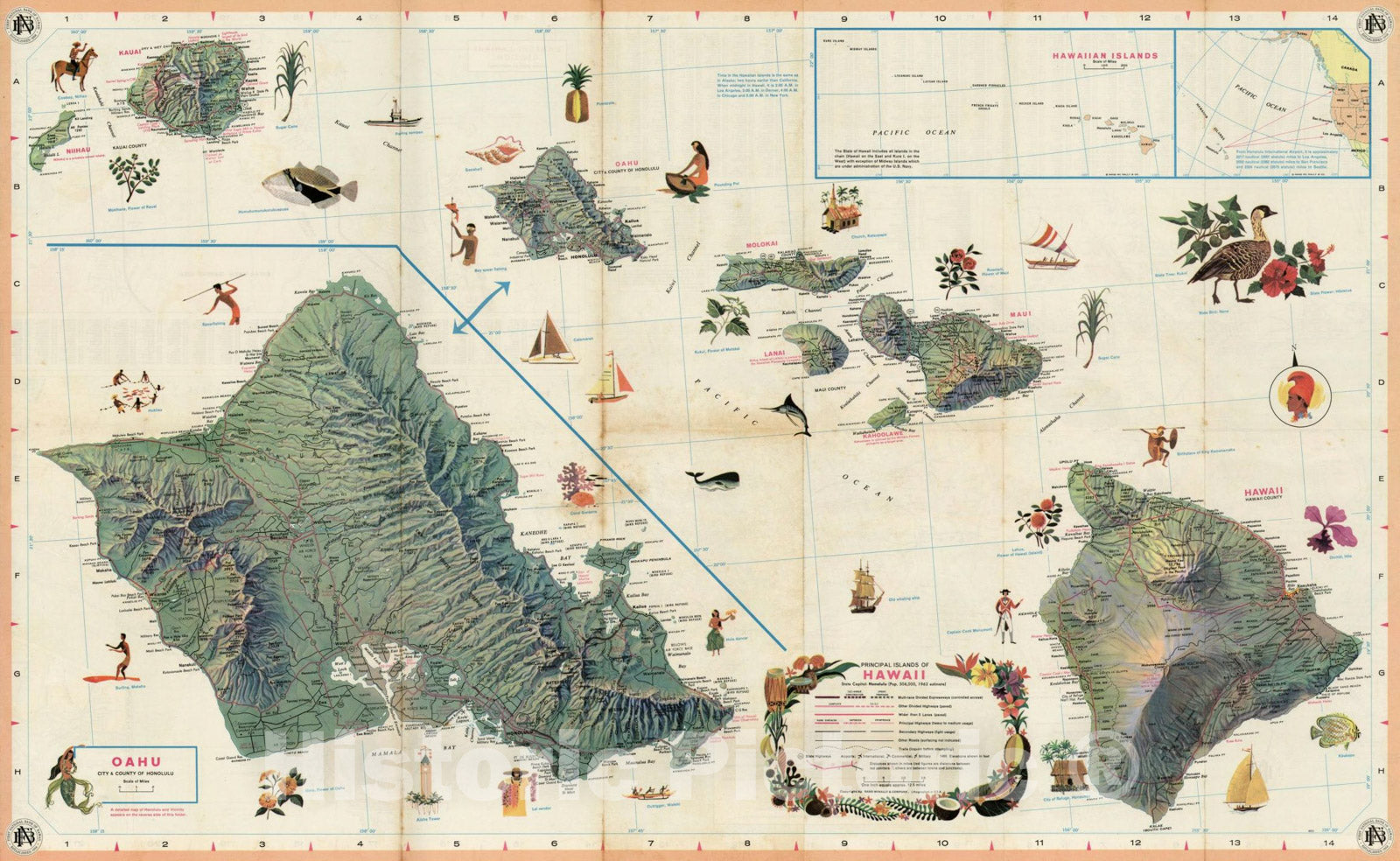 Historic Map : Principal Islands of Hawaii (with large inset map of Oahu and Plan of Honolulu on verso), 1962, , Vintage Wall Art