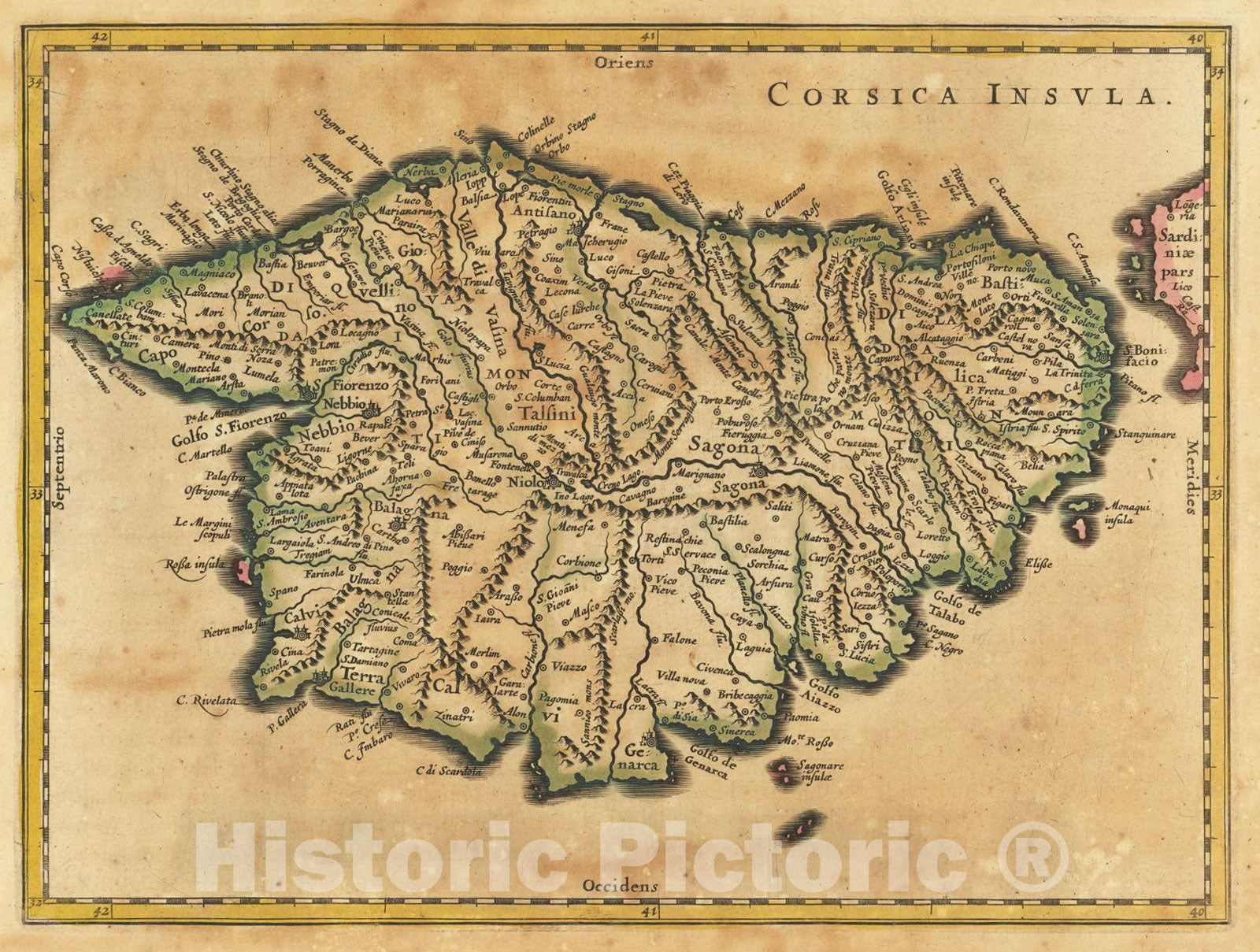 Historic Map : Corsica, 1640, Willem Janszoon Blaeu, Vintage Wall Art