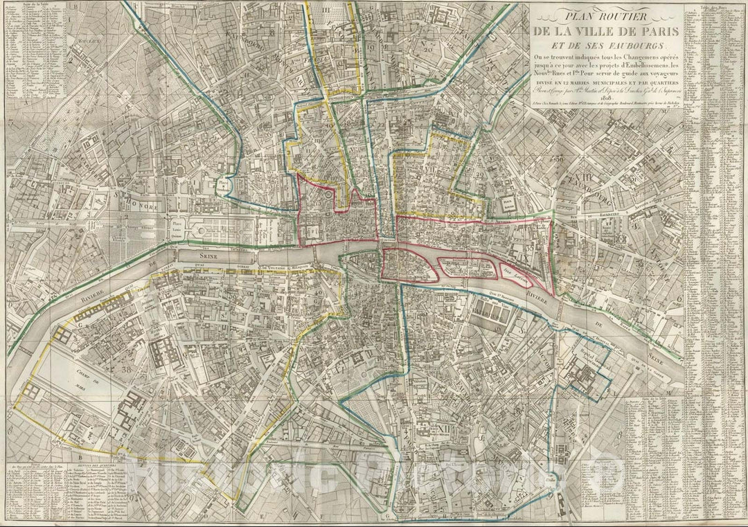 Historic Map : Plan Routier de la Ville De Paris et de ses Faubourgs ou se trouvent indiques tous les Changemens, c1810, , Vintage Wall Art