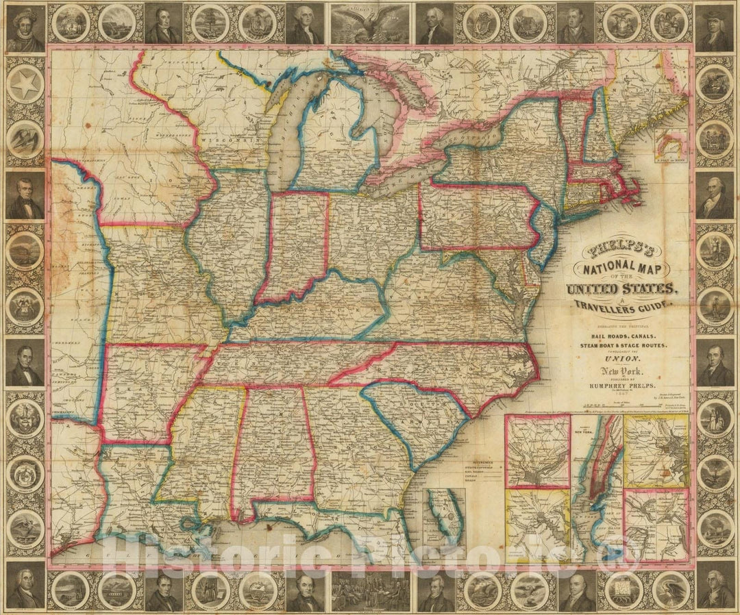 Historic Map : United States, A Travellers Guide. Embracing the Principal Rail Roads, Canals, Steam Boat & Stage Routes, 1847, Humphrey Phelps, Vintage Wall Art