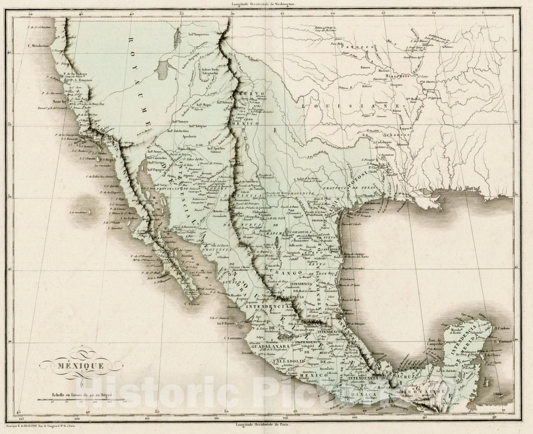 Historic Map : Carte Geographique, Statistique Et Historique Du Mexique (Province of Texas Shown), 1825, Jean Alexandre Buchon, Vintage Wall Art