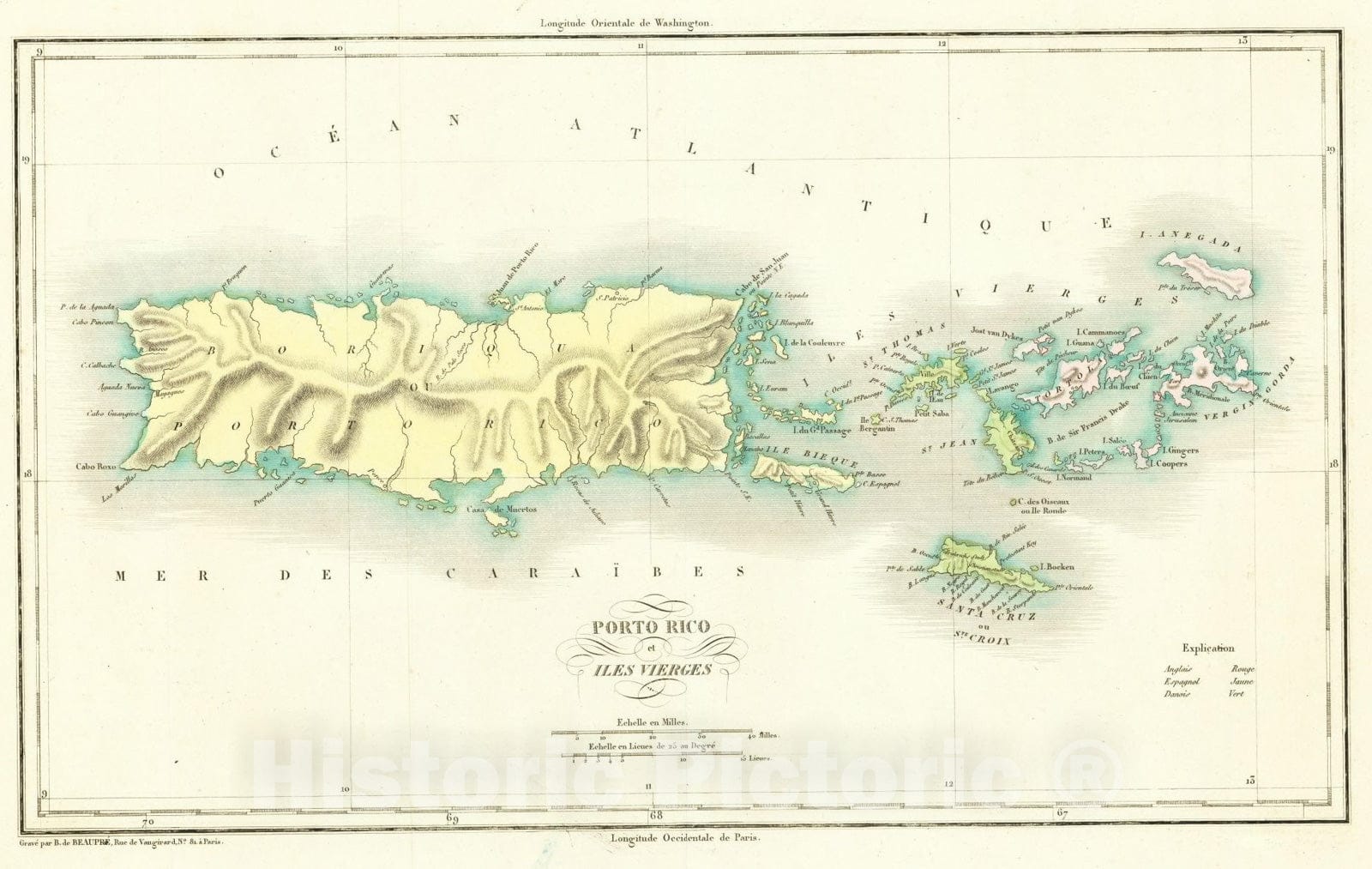 Historic Map : Carte Geographique, Statistique et Historique De Porto-Rico (and Virgin Islands), 1825, Jean Alexandre Buchon, Vintage Wall Art