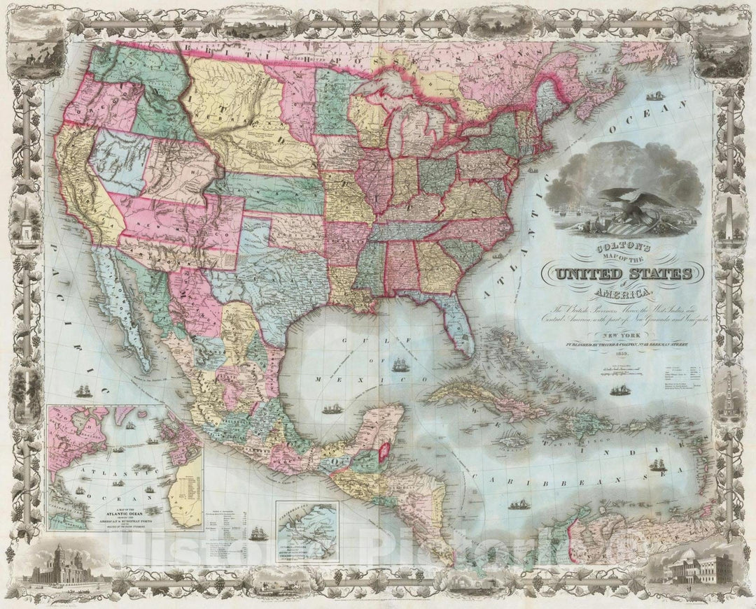 Historic Map : Colton's Map of the United States of America, The British Provinces, Mexico, The West Indies and Central America, 1859, 1859, Colton, Vintage Wall Art