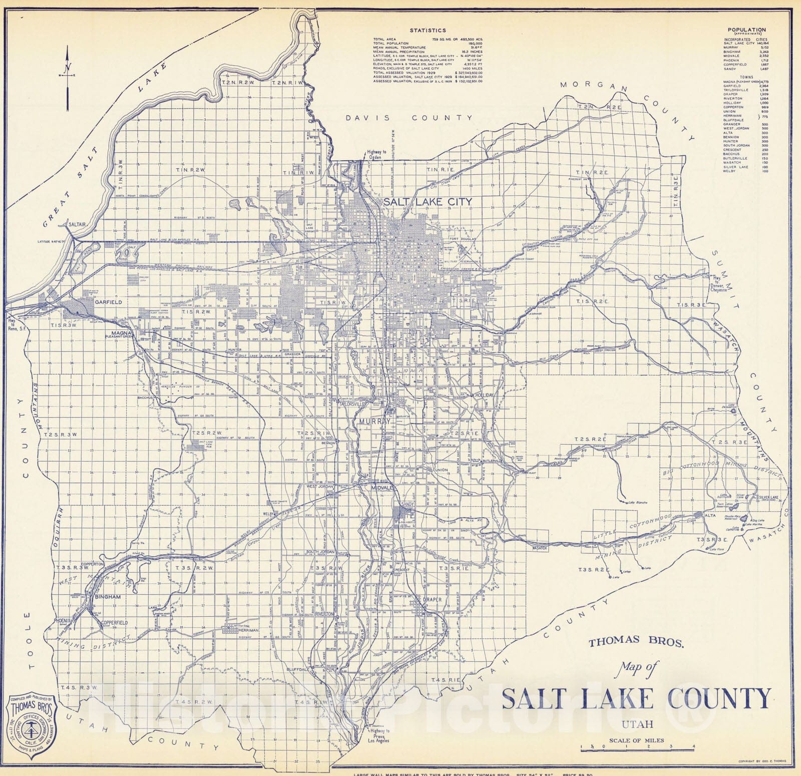 Historic Map : Thomas Bros. Map of Salt Lake County Utah, 1920, Thomas Brothers, Vintage Wall Art