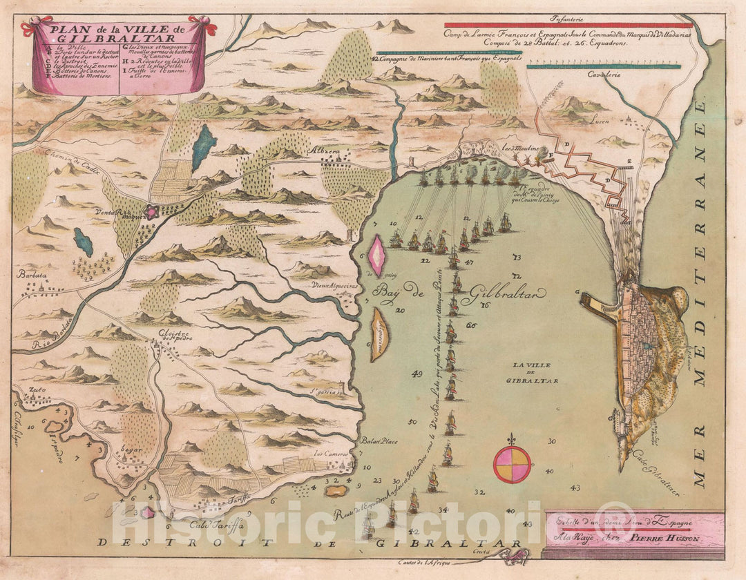 Historic Map : Plan de la Ville de Gibraltar, c1709, Pierre Husson, Vintage Wall Art