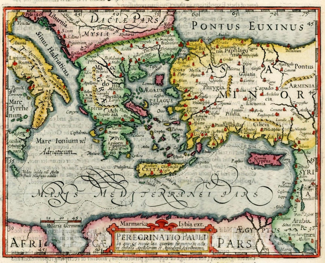 Historic Map : Peregrinatio Pauli In qua & omnia quorum fit mentio in actis et epistolis Apostolorum et Apocalysi describuntur (shows Cyprus), 1625, Vintage Wall Art