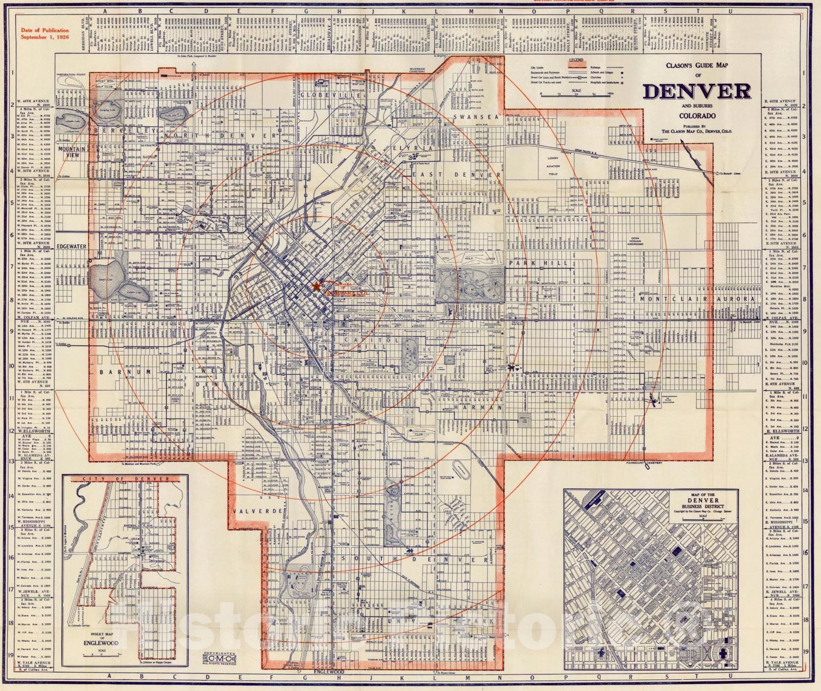 Historic Map : Clason's Guide Map of Denver and Suburbs, 1926, George Clason, Vintage Wall Art