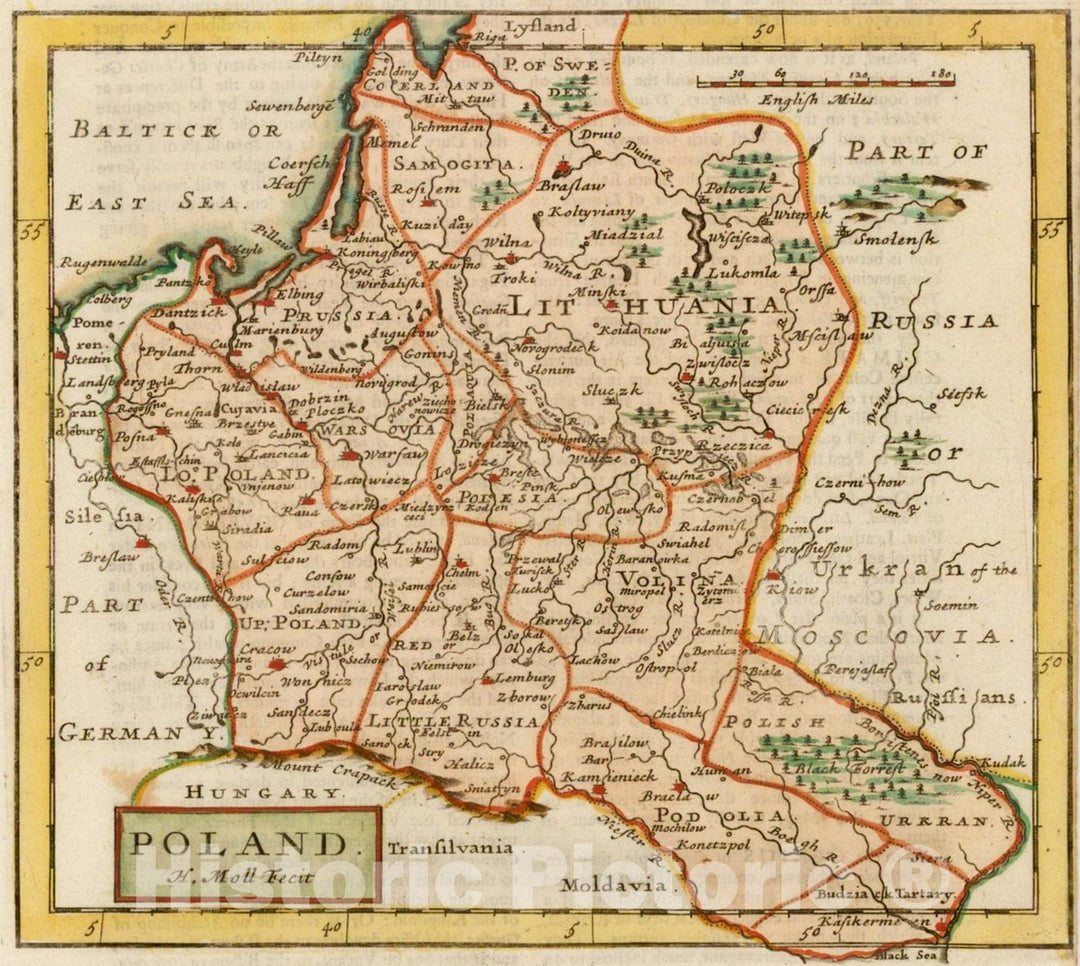 Historic Map : Poland., c1720, Hermann Moll, Vintage Wall Art