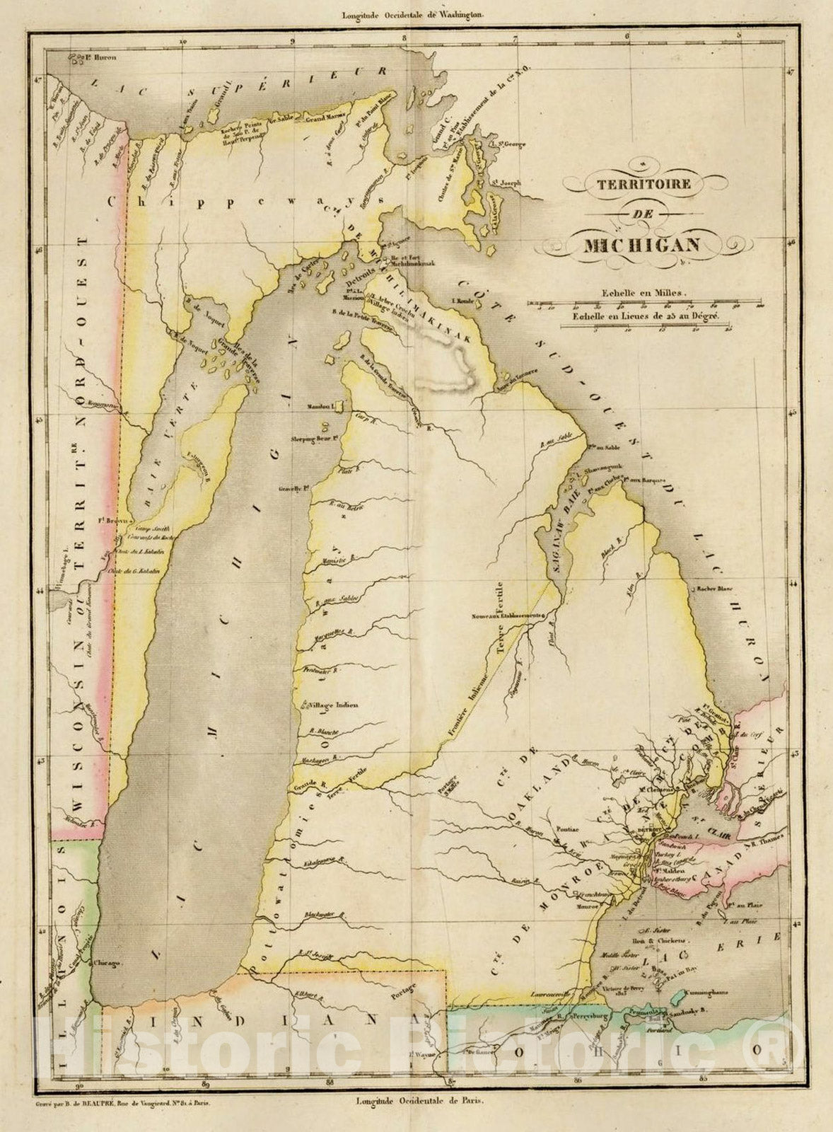 Historic Map : [First map of Michigan Territory published in Europe] Carte Geographique, Statistique et Historique De Michigan, 1825, Jean Alexandre Buchon, Vintage Wall Art