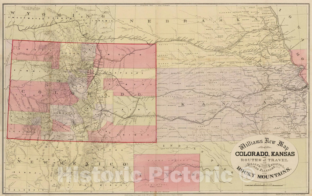 Historic Map : San Juan Mines of Colorado, Kansas and Routes of Travel to the Health Resorts And Pleasure of the Rocky Mountains, 1877, Henry T. Williams, Vintage Wall Art