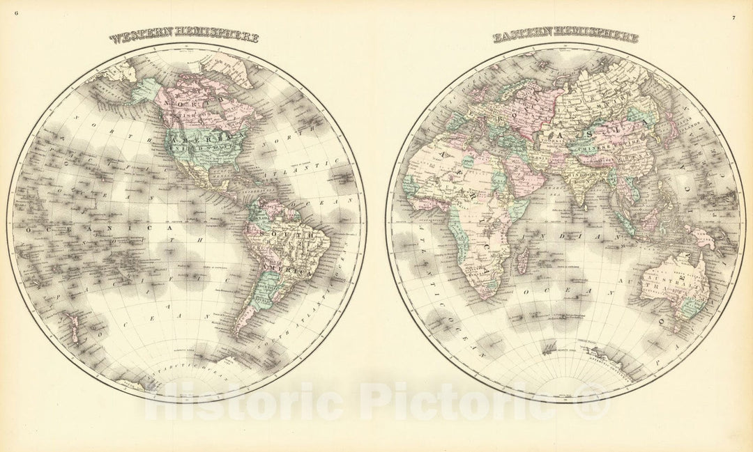 Historic Map : Eastern Hemisphere with Western Hemisphere, 1865, Joseph Hutchins Colton, Vintage Wall Art