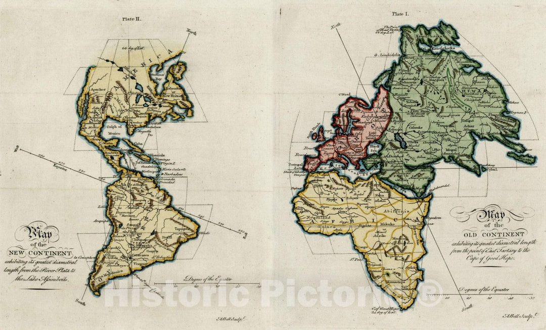 Historic Map : Map of the New Continent - Hemispheres, c1770, Andrew Bell, Vintage Wall Art