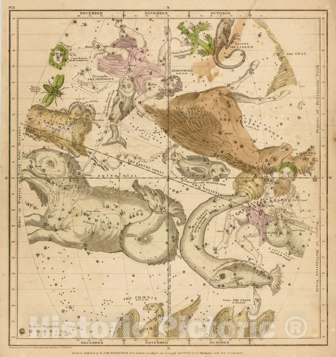 Historic Map : [The October, November, and December Sky -- Aquarius, Andromeda, Pisces, Pegasus, Aries, Phoenix, Grus, Lacerta, Triangle, etc.], 1835, Vintage Wall Art