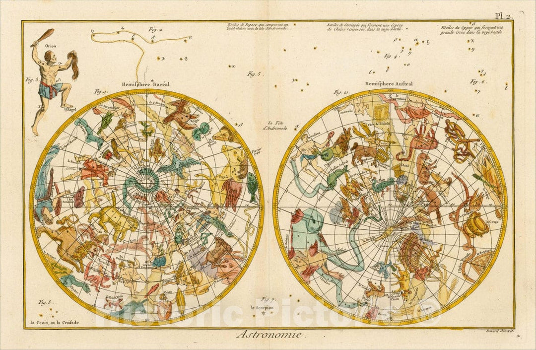 Historic Map : Astronomie (double hemisphere Celestial map of Northern and Southern Hemispheres), 1772, Denis Diderot, Vintage Wall Art