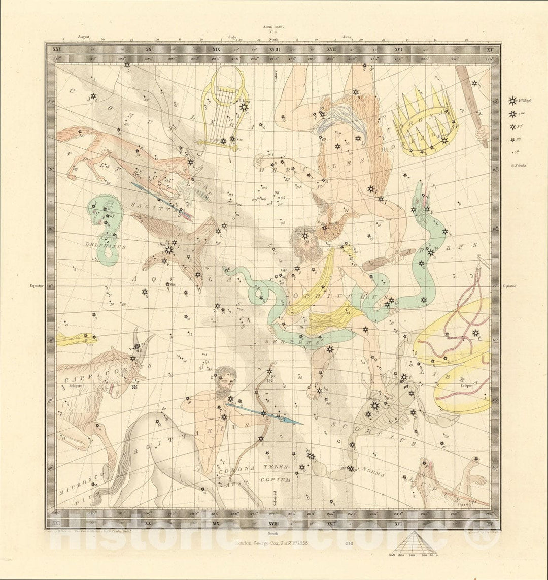 Historic Map : Celestial Map (Libra, Sagitarius, Capricorn, Ophiccus, Scorpius, Aquila, Hercules, Serpens, Dephinus), 1830, SDUK, Vintage Wall Art