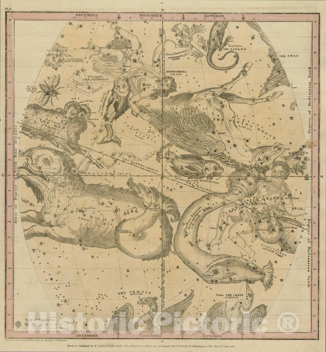 Historic Map : [The October, November, and December Sky -- Aquarius, Andromeda, Pisces, Pegasus, Aries, Phoenix, Grus,Lacerta, Triangle, etc.], 1835, Vintage Wall Art