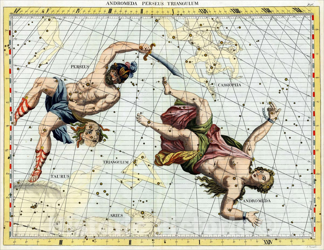 Historic Map : Andromeda, Perseus, Triangulum, 1728, , Vintage Wall Art