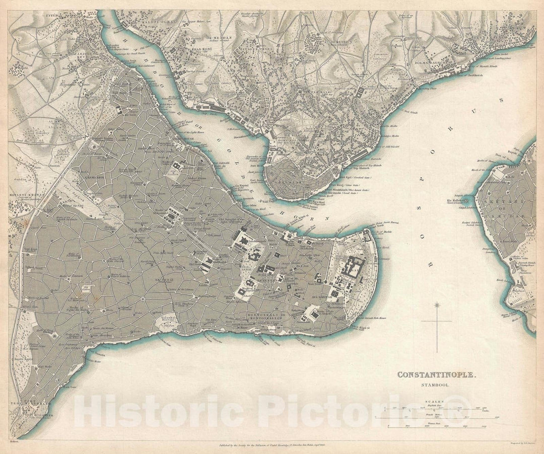 Historic Map : Constantinople "Istanbul", S.D.U.K., 1840, Vintage Wall Art