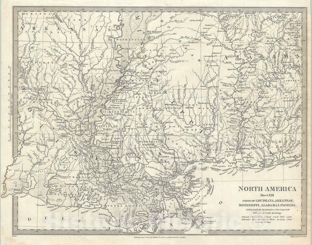 Historic Map : Louisiana, Alabama and Mississippi, S.D.U.K., 1833, Vintage Wall Art